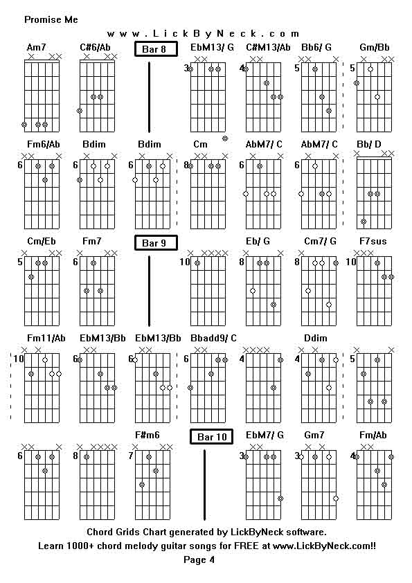 Chord Grids Chart of chord melody fingerstyle guitar song-Promise Me,generated by LickByNeck software.